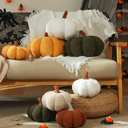 YRXRUS Pumpkin Pillows, Halloween Pumpkin Pillow Set of 2, Off White Throw Pillows Fall Room Decoration, Teddy Fleece 6x12&4x7 Inches Accent Cushion Gifts for Holiday