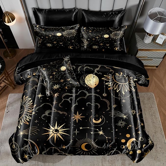 Sun and Moon Comforter Set Gray Satin Bedding King Stars Cloud Galaxy Comforter Mysterious Celestial Theme Silk Like Silky Bed in A Bag with Comforter and Sheets