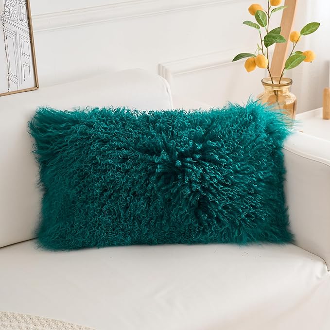 Genuine Mongolian Lamb Fur Pillow Cover – 12"x20" Rectangular Cushion Case – Soft Curly Wool Decorative Accent for Sofa, Bed, or Chair(Teal)