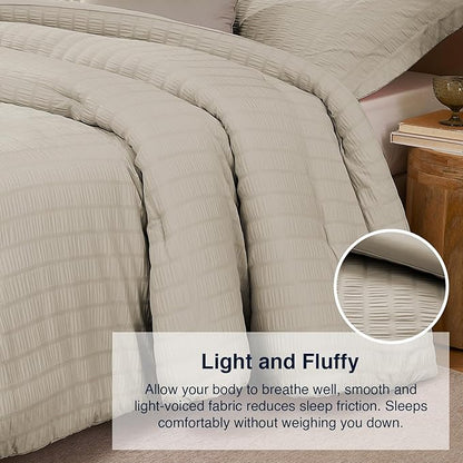 Oatmeal Oversized Queen Comforter Set - 3 Pieces Seersucker Lightweight Bedding Comforter Sets (1 Soft Fluffy Comforter & 2 Pillowcases) - All Seasons Cozy Modern Bed Sets