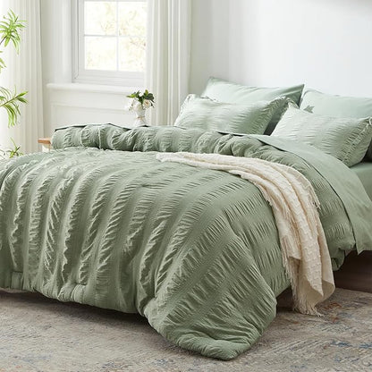 Zzlpp King Comforter Set 7 Pieces, Sage Green Seersucker Bed in a Bag with Comforter and Sheets, All Season Bedding Sets with 1 Comforter, 2 Pillow Shams, 2 Pillowcases, 1 Flat Sheet