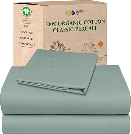 California Design Den Twin XL Bed Sheets Set - Soft 100% Organic Cotton, Cool Percale Sheets, Deep Pockets with Anti-Skid Elastic, Breathable and Durable Bedding Set for Dorm Room - Sage Green