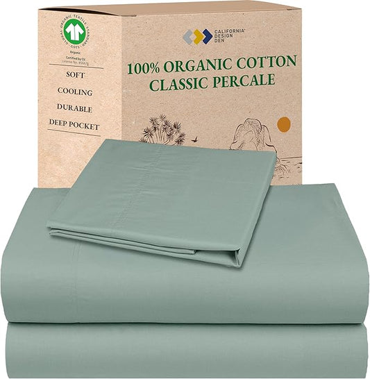 California Design Den Twin Bed Sheets Set - Soft 100% Organic Cotton Percale Sheets, Crisp and Cool, Deep Pockets with Anti-Skid Elastic, Breathable and Durable Bedding Set - Sage Green