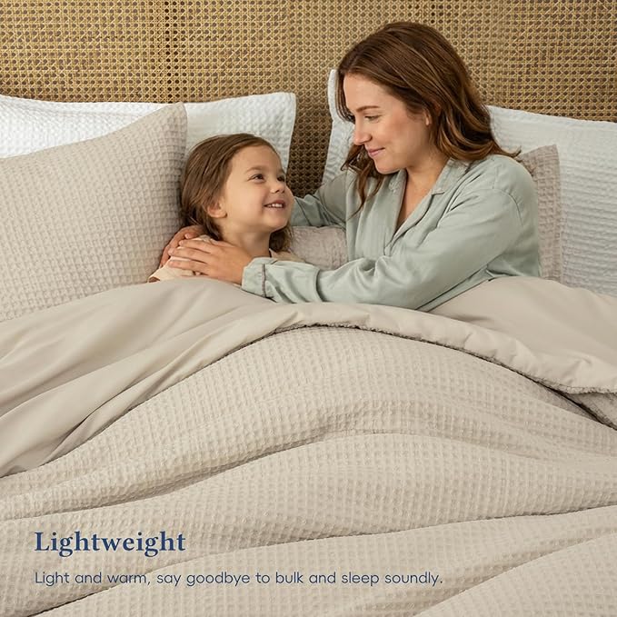 David's Home Waffle Weave Comforter Set 2PCS Twin Size, Soft Breathable Lightweight Cozy Skin-Friendly Warm for All Season, Elegant Aesthetic Home Decor Bedding Set with Pillow Shams, Linen