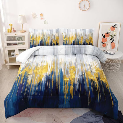 Blue White Gold Gradient Color Print Comforter Set Queen Size,Abstract Art Bedding Set,Patchwork Printed Quilted Set for Teens Adult,with 1 Comforter and 2 Pillow Case
