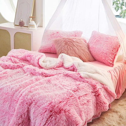 Joyreap 3-Piece Plush Shaggy Comforter Set, Full/Queen Size Luxury Faux Fur Sherpa Reversible Bedding Comforter Set, Ultra Cozy Warm Fluffy Bedding Set for Winter (Pink n White, 88x88 inches)