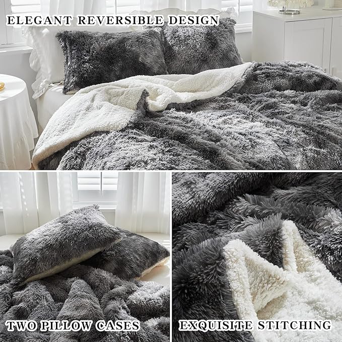 Joyreap 3-Piece Plush Shaggy Comforter Set, Twin Size Luxury Faux Fur Sherpa Reversible Bedding Comforter Set, Ultra Cozy Warm Fluffy Bedding Set for Winter (Tie-dye Black, 68x86 inches)