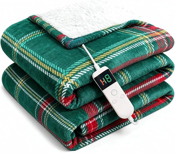Electric Blanket Heated Throw, Soft Flannel 50"x60" Plaid Heating Blanket with 8 Hours Auto Off 10 Fast Heating Levels Machine Washable Sherpa Heated Blanket with Overheating Protection