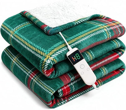 Electric Blanket Heated Throw, Soft Flannel 50"x60" Plaid Heating Blanket with 8 Hours Auto Off 10 Fast Heating Levels Machine Washable Sherpa Heated Blanket with Overheating Protection