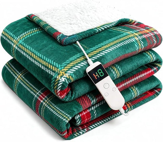 Electric Blanket Heated Twin, Soft Flannel 62"x84" Plaid Heating Blanket with 8 Hours Auto Off 10 Fast Heating Levels Machine Washable Sherpa Heated Blanket with Overheating Protection