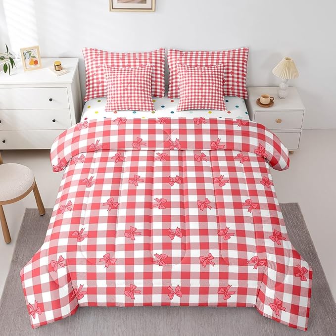 Feelyou Red Bow Comforter Set with Sheets King Size Kids Bowknot Pliad 7 Pieces Bedding Set for Boys Girls Teens Gift for Girls Women Grid Bed in a Bag Breathable Princess Décor Bed Set