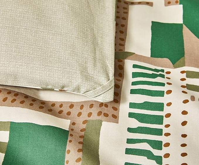 SLEEPBELLA Comforter King Size, 600 Thread Count Cotton White Printed with Green & Brown Geometric Comforter Set, Down Alternative Bedding Set 3Pcs(King, Green Geometric)