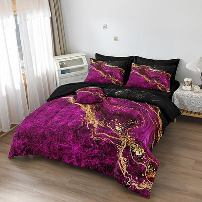 Black Gold Comforter Set 8 Pcs Hot Pink Marble Bedding Set King Size Bed in A Bag Purple and Black Marble Stone Texture Abstract Room Decor Black Marble Bed Comforter