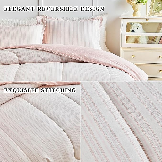 Joyreap 3pcs Cotton Comforter Set King, Blush Pink Stripes Design for Girls, Soft Cozy Lightweight Bedding Comforter Set for All Seasons- 100x88 inches