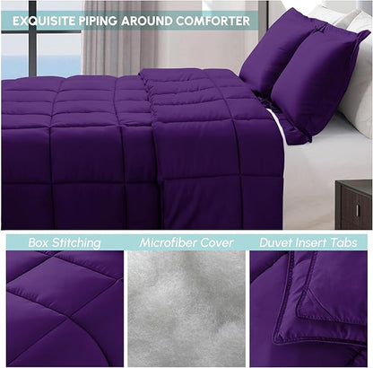 Elegant Comfort 3-Piece Box Stitched Down Alternative Comforter with Shams - Ultra Soft for All Season Duvet Insert with Corner Tabs, Plush Cozy 3PC Comforter Set, Oversize Queen, Purple