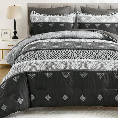Xruibed Blcak King Comforter Set 7 Pieces, Black Grey Boho Striped Bed in a Bag King Size Soft Microfiber All Season Bedding Set with Comforter, Sheets, Pillowcases & Shams(104"×90")