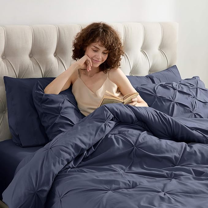 Nestl 7 Piece Comforter Set - Pinch Pleated Bedding, All Season Full Size Bed Set with Sheets, Comforter, Pillowcases and Shams in Navy