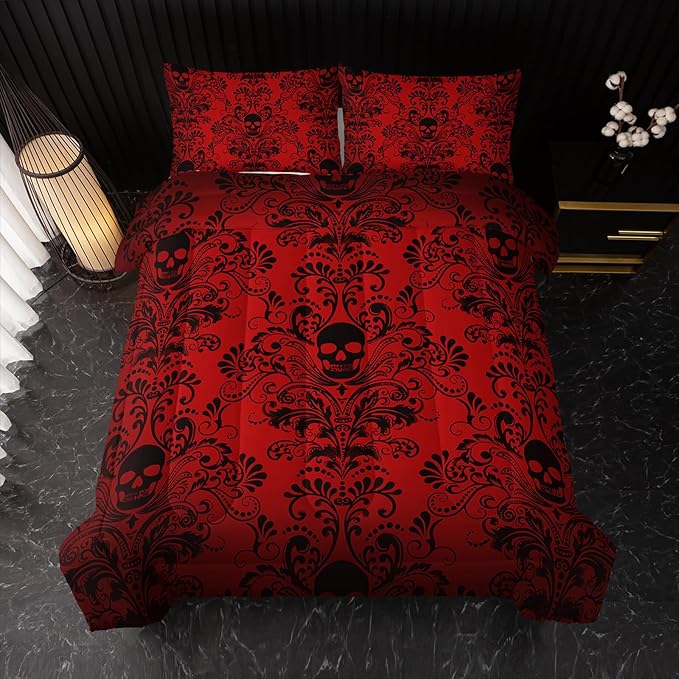 Adults Red Gothic Comforter Set King Size,Vintage Damask Floral Bedding Set 3Pcs,Bohemia Bedding Set Goth Skull Printed Quilted Set for Teens Adult with 1 Comforter and 2 Pillowcase