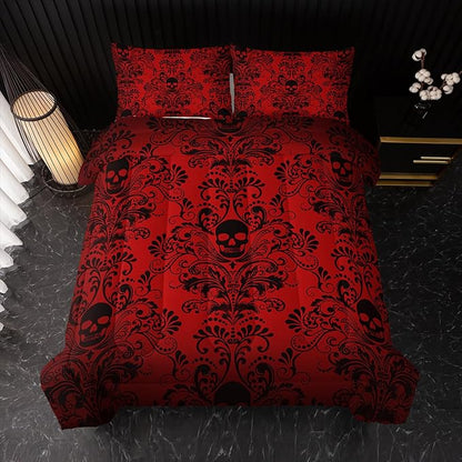 Adults Red Gothic Comforter Set King Size,Vintage Damask Floral Bedding Set 3Pcs,Bohemia Bedding Set Goth Skull Printed Quilted Set for Teens Adult with 1 Comforter and 2 Pillowcase