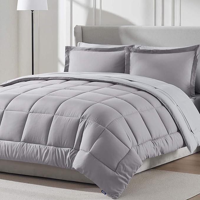 Nestl 7 Piece King Comforter Set – Grey Lavender Reversible Bed in a Bag – Complete King Size Bedding Set with Sheets, Pillowcases and Shams