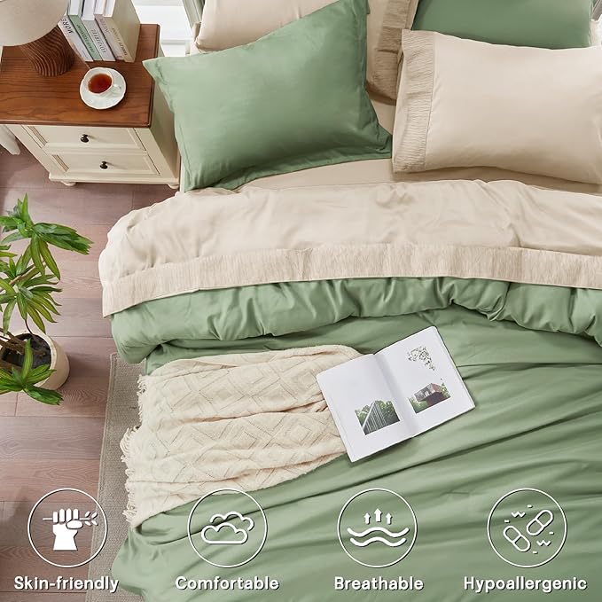 Anluoer Sage and Cream King Comforter Set 7 Pieces, Bed in a Bag with Sheets, All Season Bedding Sets with 1 Comforter, 2 Pillow Shams, 2 Pillowcases, 1 Flat Sheet, 1 Fitted Sheet