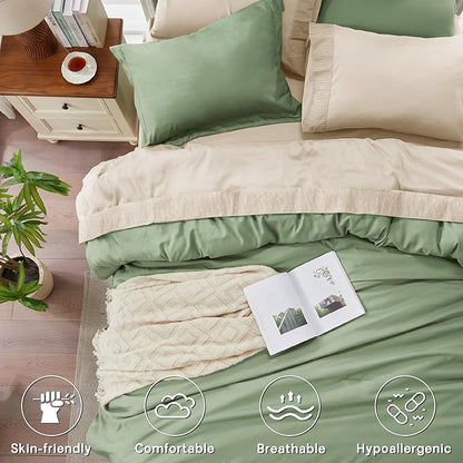 Anluoer Sage and Cream King Comforter Set 7 Pieces, Bed in a Bag with Sheets, All Season Bedding Sets with 1 Comforter, 2 Pillow Shams, 2 Pillowcases, 1 Flat Sheet, 1 Fitted Sheet