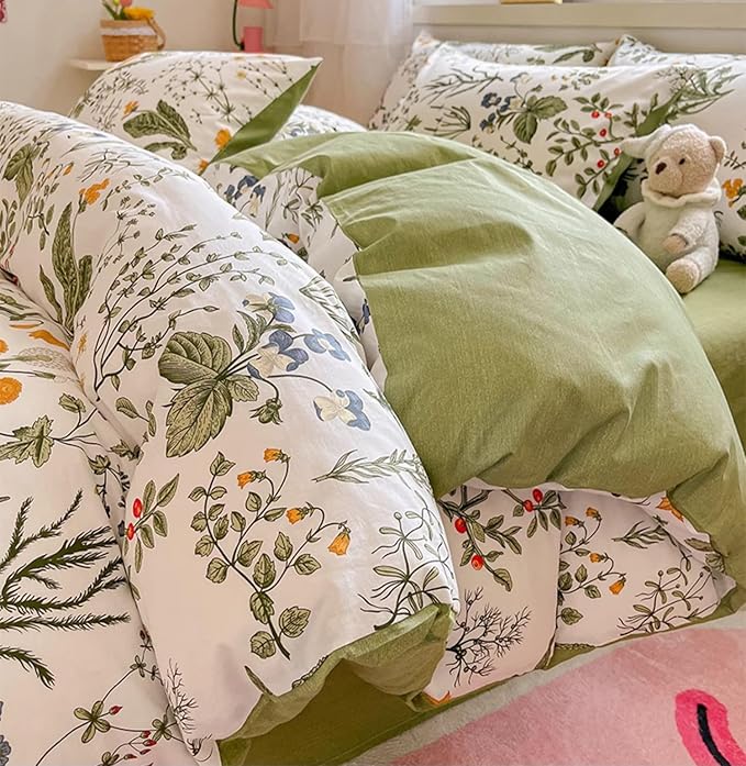 KAREVER Botanical Comforter Set King White and Sage Green Floral Plant Bedding Set Women Reversible Blanket 3 PCs Girls Breathable White Floral Bed Comforter Set