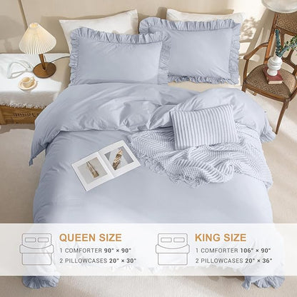 Sanracie Ruffled Bedding Comforter Sets King Size, Cotton Comforters Set 3Pcs for All Season Cornflower Blue Shabby Boho Chic Bedding French Country Farmhouse Rustic Aesthetic Bedroom Sets
