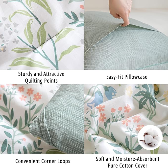 Floral Cotton Comforter Queen Size - Botanical Wildflower Pattern with Soft Pestel Accents on White, Textured Dusty Green Back, 3PC Lightweight Bedding Set with Down Alternative Fill(90"×90")