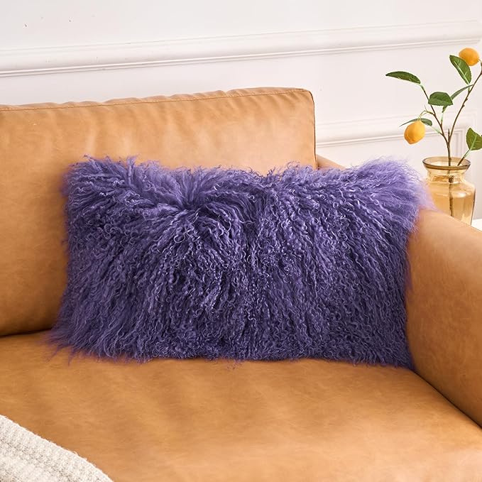 Genuine Mongolian Lamb Fur Pillow Cover – 12"x20" Rectangular Cushion Case – Soft Curly Wool Decorative Accent for Sofa, Bed, or Chair(Royal Lavender)