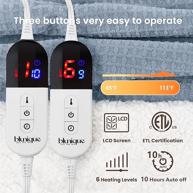 Heated Blanket Electric Blanket King Waffle, 90x100 Inches Dual Controllers Sherpa Fleece Fast Heating Blanket 6 Heating Levels & 10 Hours Auto Off ETL Certification, Haze Blue King