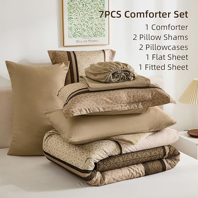 WONGS BEDDING Comforter Set King Size 7 Pieces, Earth Tones Bed in a Bag Striped Bedding Set, Minimalist Geometric Soft Lightweight Micorfiber Comforter with Pillowcases & Shams,Sheets (90"×104")