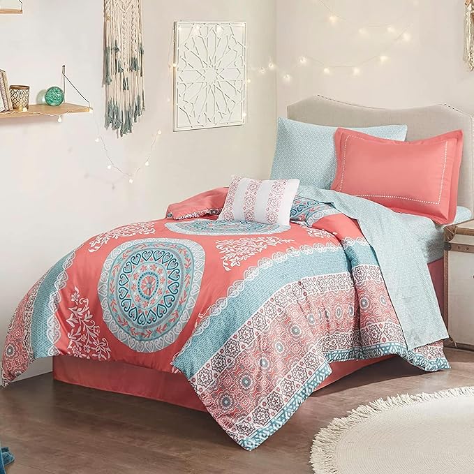 Intelligent Design Complete Bed In A Bag Casual Boho Comforter with Sheet Set Decorative Pillow, All Season Bedding Set, Twin, Loretta Coral 7 Piece
