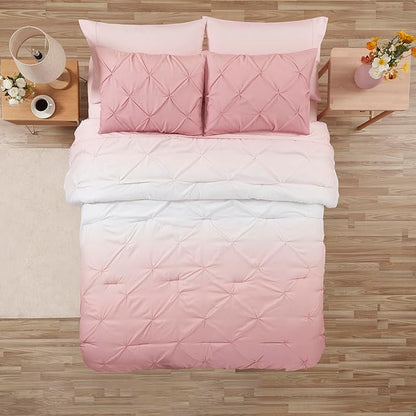 7 Piece Comforter Set Bed in a Bag Ombre Pintuck Design All Season Soft Down Alternative Bedding Comforter Set & Luxurious Matching Bed Sheets & Pillow Shams, Ombre Pintuck Blush, Queen