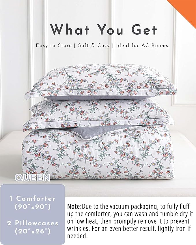 White Floral Cotton Comforter Queen Size - 3PC Lightweight Bedding Sets with Soft Fill, Elegant Pale Purple & Burgundy Botanical Patterns with Light Gray Reversible Design