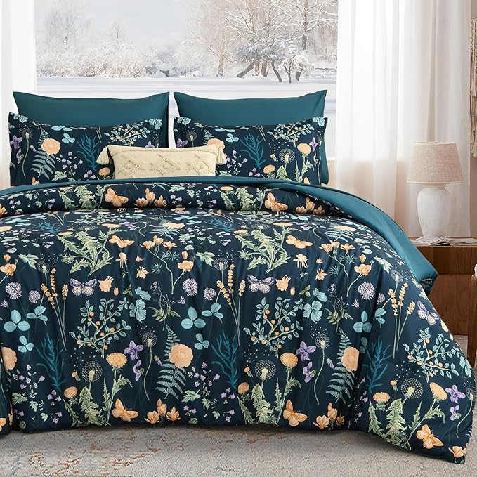 Yiran King Size Comforter Set 7 Pieces, Peacock Blue Botanical Floral Winter Comforter Bedding Set, Bed in a Bag King, Soft Microfiber Complete Bedding Set with Sheets for All Season