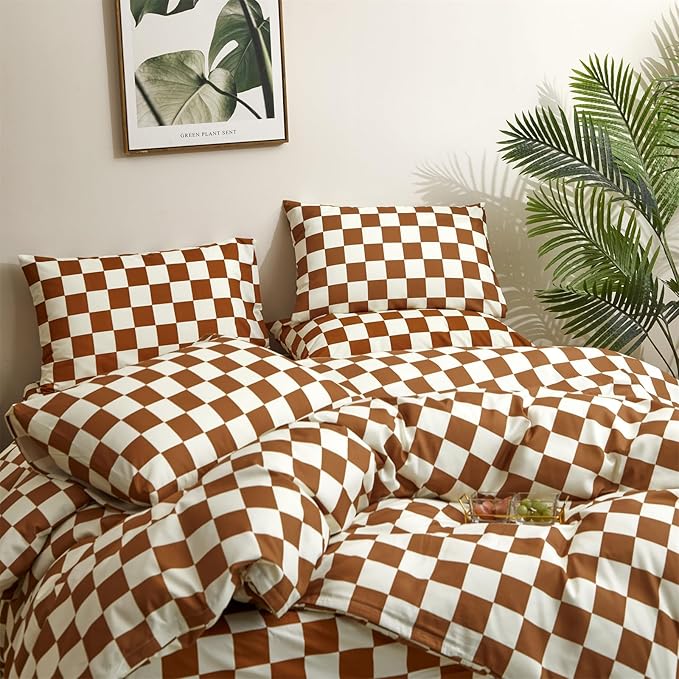 Pureant Pumpkin White Plaid Comforter Set Twin Brown and White Checkered Bedding Comforter Soft Women Girls Brown Checkerboard Grid Quilts Twin Size Boho Pumpkin Buffalo Plaid Comforter Geomertic