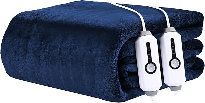 Electric Heated Blanket 84"x90" Queen Size - 4 Heat Settings & Dual Controllers, 10H Auto Shut Off, Ultra-Soft Coral Fleece Heated Blanket with Overheat Protection, Dark Blue