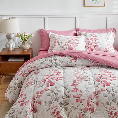 Pink Floral Comforter Sheet Set Bed in a Bag 7 Pieces Queen Size Pink Gray Flower Leaves Bedding Set (1 Comforter 2 Pillow Shams 1 Flat Sheet 1 Fitted Sheet 2 Pillowcases)