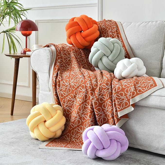Knot Ball Pillow, Round Decorative Throw Pillows Cushion, 11 Inch Orange Soft Plush Knotted Pillows Pillow, Modern Home Throw Knot Decorative Cushion