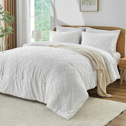 Nesker Queen Comforter Set - 7 Pcs Whilt Comforters Tufted Boho Bedding Sets, Soft Cozy Chic Bed in a Bag, Vintage Shabby Bed Set All Season with Comforter, Fitted Sheet, Flat Sheet & Pillowcases
