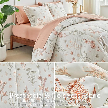 AIKASY Bed in a Bag 6 Pieces - Floral Print - Soft Microfiber, Reversible Bed Comforter Set (1 Comforter, 2 Pillow Shams, 1 Flat Sheet, 1 Fitted Sheet, 1 Pillowcases) (Sea Green, Twin)