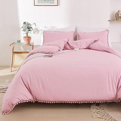 YIRDDEO Twin Comforter Set - Comforter Twin Size Bed with Ball Pom Fringe, Soft Bedding Set for All Seasons - 2 Pieces, 1 Comforter (66"x90") & 1 Pillow Sham(20"x26"), Dust Pink