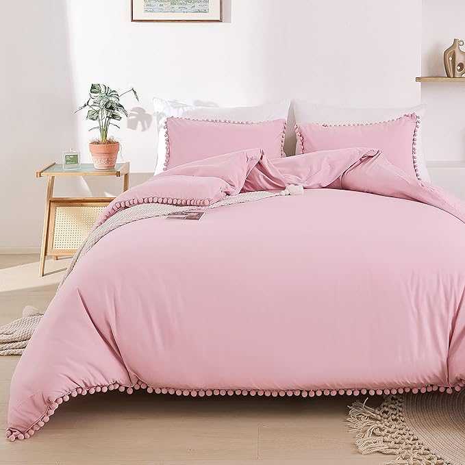 YIRDDEO King Size Comforter Set - King Size Comforter with Ball Pom Fringe, Soft King Bedding Set for All Seasons - 3 Pieces, 1 Comforter (104"x90"inches) & 2 Pillow Shams(20"x36"), Dust Pink
