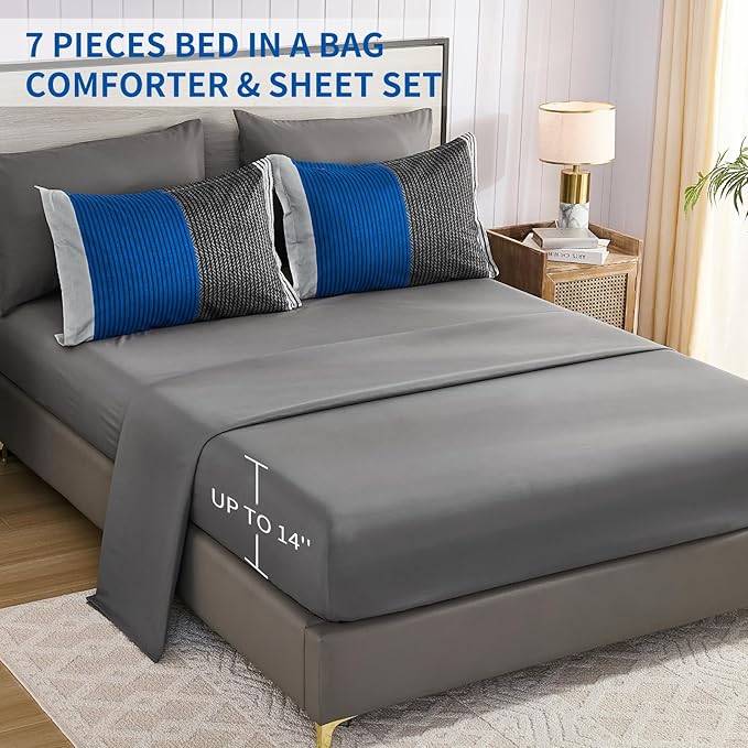 Anibedding Blue Queen Comforter Set 7 Pieces, Blue and Gray Patchwork Striped Bed in a Bag with Sheet Pillowcase for Queen Bed All Season