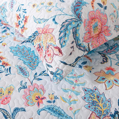 BEDIFANY Garden Cotton Filling King Size Quilt Set - Lightweight Bedspreads King Size (98 x 106 inch) with Colorful Floral Pattern - Farmhouse King Quilt Bedding Sets for Bed Coverlet, 3 Pieces