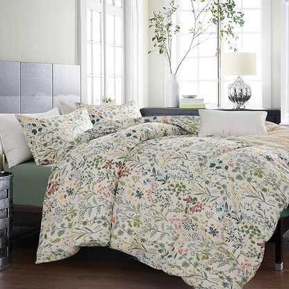 mixinni Fresh Botanical Green Floral Comforter Set Twin XL Size, Boho Cottagecore Wildflowers Leaves Bedding Set, 1 Twin XL Comforter with Pillowcases for All Seasons, Aesthetic Coquette Bed Set