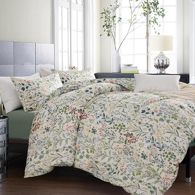mixinni Fresh Soft Aesthetic Green Floral Comforter Set Queen Size, Boho Cottagecore Wildflowers Leaves Bedding Set, 1 Shabby Chic Comforter and 2 Pillowcases for All Seasons-Queen Size