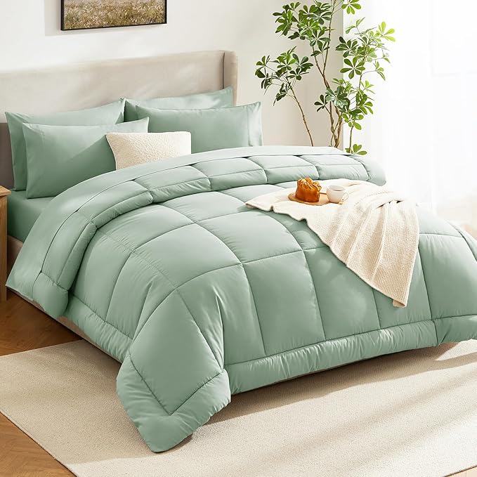 CozyLux Queen Comforter Set Sage Green, 7 Pieces Bed in a Bag, Green Comforter Queen Size, All Season Bedding Sets with Stitch Quilted Comforter, Flat Sheet, Fitted Sheet, Pillowcases