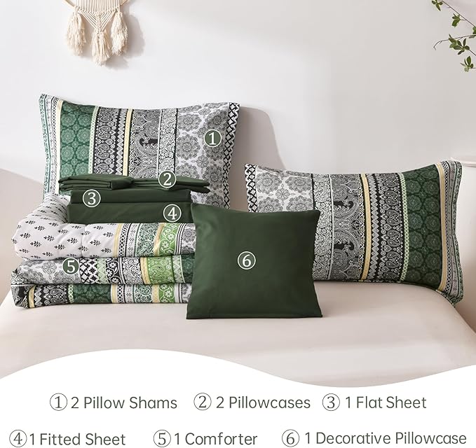 Cottolester Boho Comforter Set Queen Size,8 Pieces Dark Green Bohemian Striped Bed in a Bag,Paisley Soft Microfiber Bedding Comforter Set